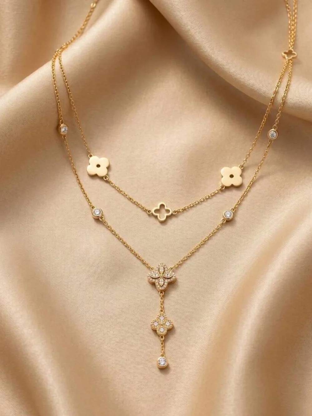 Delicate Gold Layered Floral Necklace with Crystal Accents